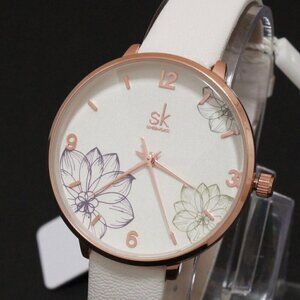 Ladies Dress Quartz Watch White Floral Dial White Strap 32mm
